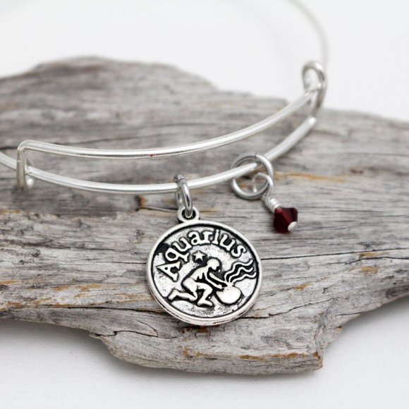 January Aquarius Adjustable Charm Bangle - Handmade Zodiac Bracelet - Picture 4 of 12